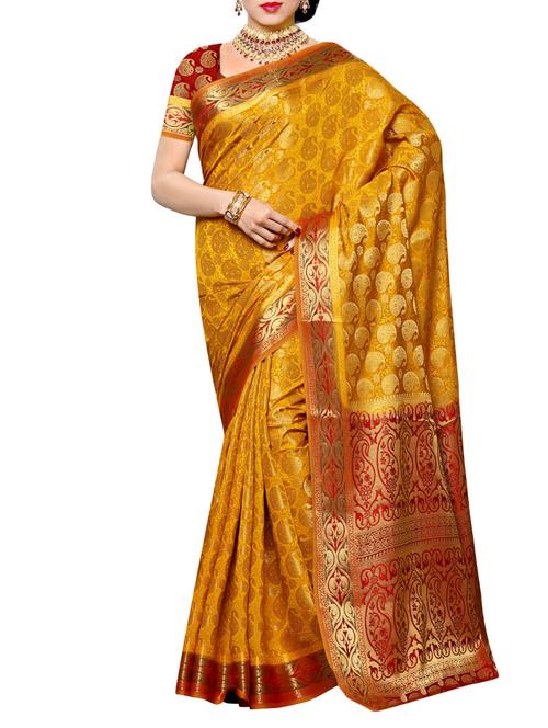 gold silk kanjivaram saree with blouse - 13885855 - Very Small Image - 1