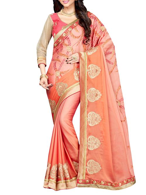 peach georgette embroidered saree with blouse - 13885936 - Very Small Image - 1