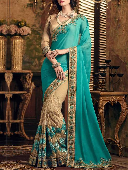 sky blue & beige synthetic half & half saree with blouse - 13892369 - Very Small Image - 1