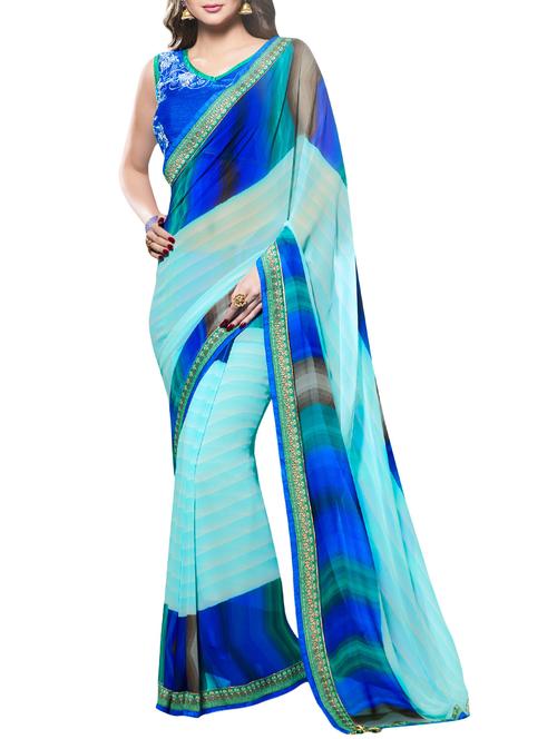blue georgette printed saree with blouse - 13897120 - Very Small Image - 1