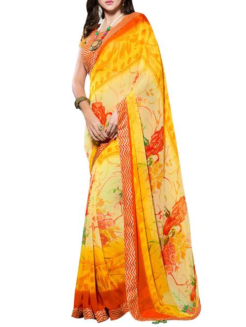 yellow georgette printed saree with blouse - 13897125 - Very Small Image - 1