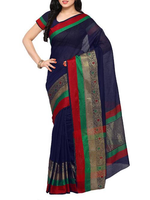 blue cotton bordered saree with blouse - 13897209 - Very Small Image - 1