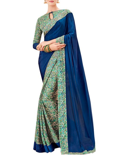 blue printed half and half crepe saree with blouse - 13897649 - Very Small Image - 1