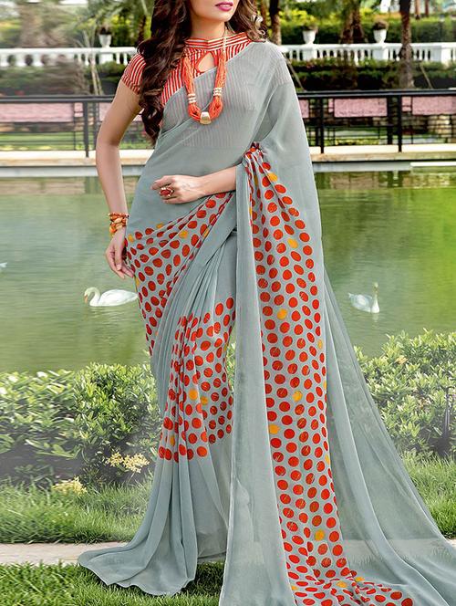 grey georgette printed saree with blouse - 13898364 - Very Small Image - 1