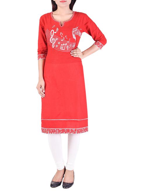 red cotton embroidered straight kurta - 13898490 - Very Small Image - 1