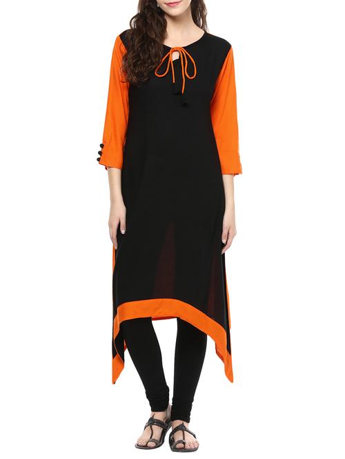 black rayon solid high-low kurta - 13900916 - Very Small Image - 1