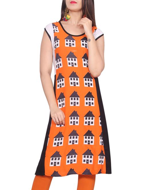 orange rayon printed a-line kurta - 13902551 - Very Small Image - 1