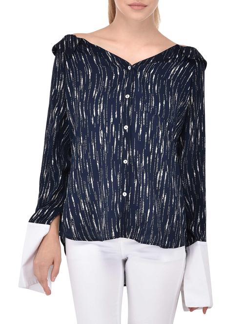 navy blue printed viscose asymmetric shirt - 13906068 - Very Small Image - 1