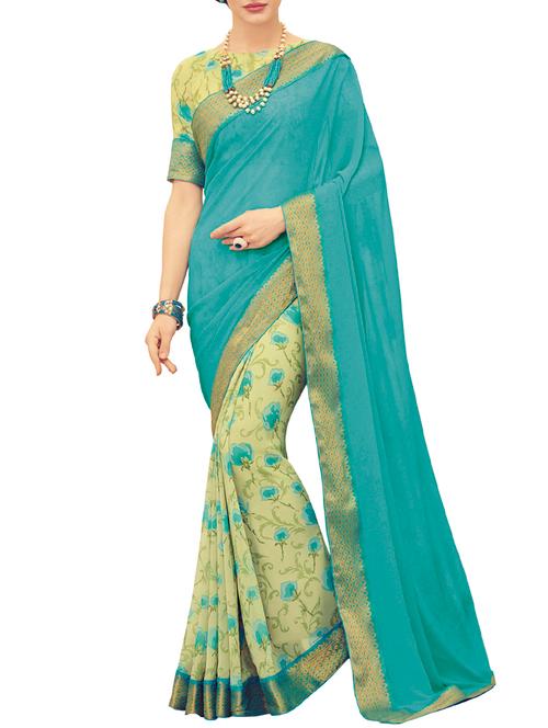 turquoise & beige georgette half and half saree with blouse - 13906201 - Very Small Image - 1