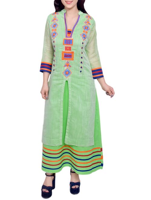 green chanderi layered kurta - 13906877 - Very Small Image - 1