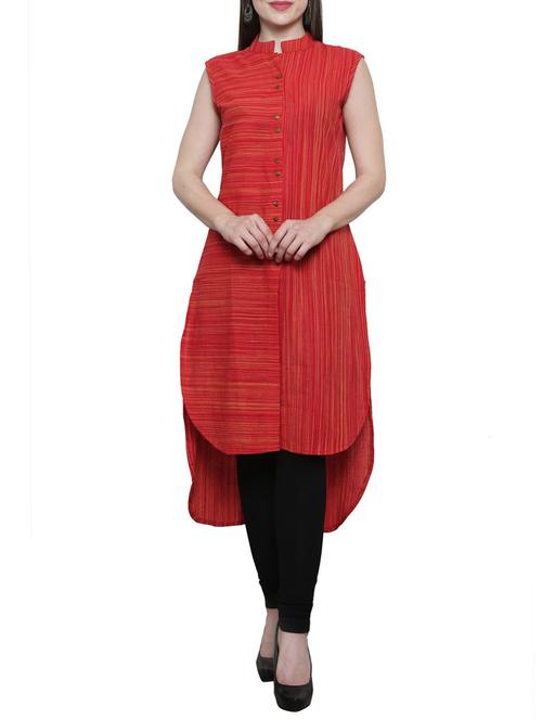 red cotton printed high-low kurta - 13908182 - Very Small Image - 1
