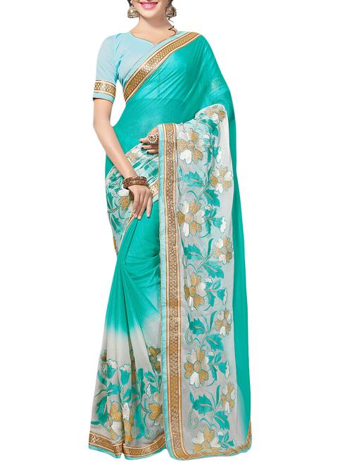 turquoise & white chiffon embroidered saree with blouse - 13911685 - Very Small Image - 1