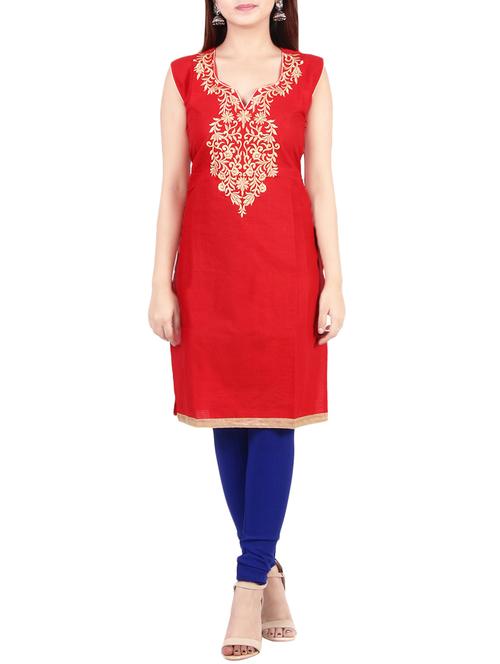 red cotton embroidered straight kurta - 13911884 - Very Small Image - 1