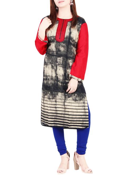 black cotton embroidered straight kurta - 13911890 - Very Small Image - 1