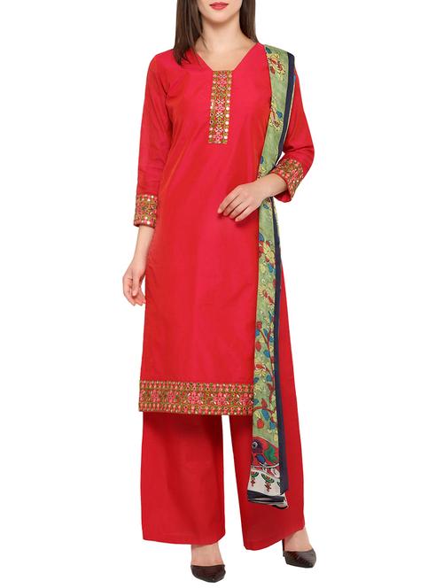 Red cotton unstitched palazzo suits - 13922107 - Very Small Image - 1