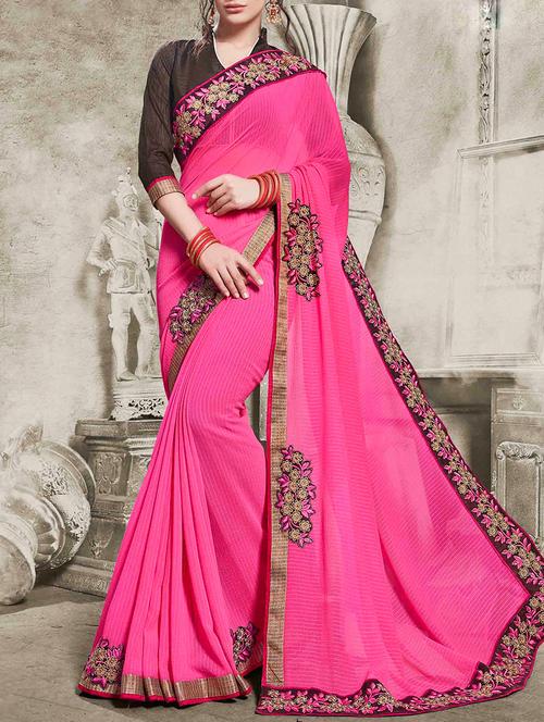 pink chiffon bordered saree with blouse - 13923451 - Very Small Image - 1