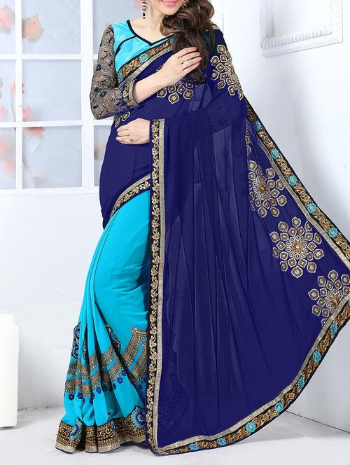 blue georgette embroidered half and half saree with blouse - 13924314 - Very Small Image - 1