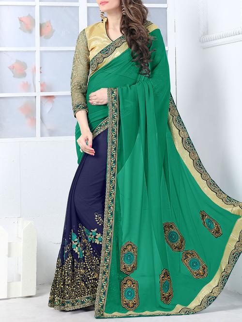 green & blue georgette embroidered half & half saree with blouse - 13924317 - Very Small Image - 1
