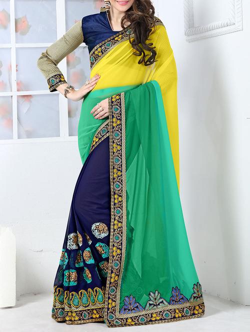 multi coloured georgette embroidered half & half saree with blouse - 13924318 - Very Small Image - 1