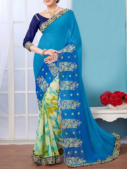 sky blue chiffon half & half saree with blouse - 13927315 - Very Small Image - 1