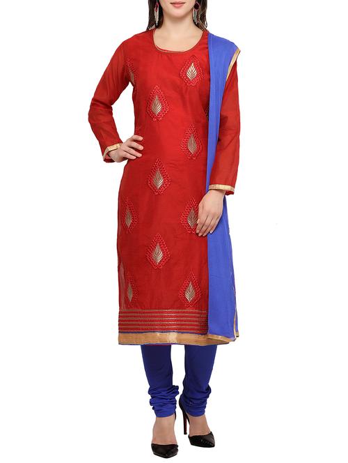 red chanderi cotton straight dress material - 13927784 - Very Small Image - 1