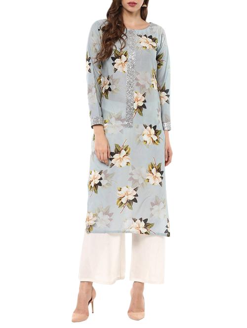 sky blue cotton printed straight kurta - 13927913 - Very Small Image - 1