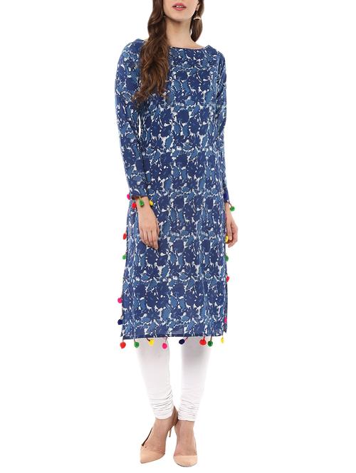blue cotton printed straight kurta - 13927917 - Very Small Image - 1