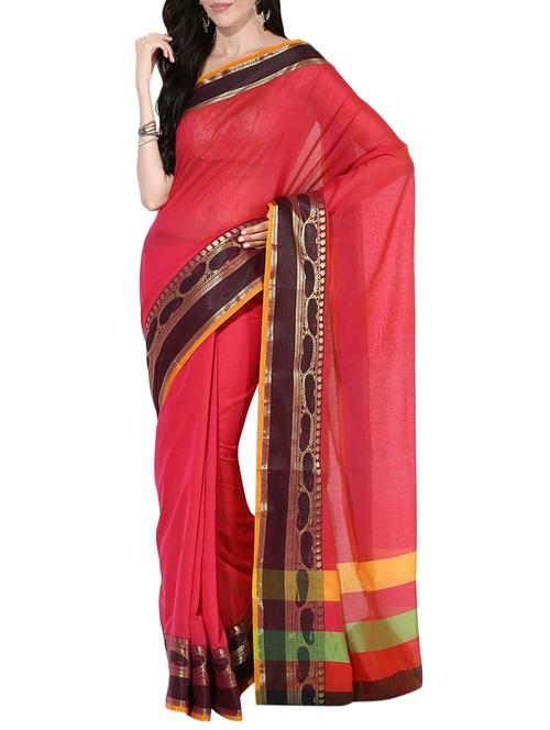 pink cotton blend bordered saree with blouse - 13928107 - Very Small Image - 1