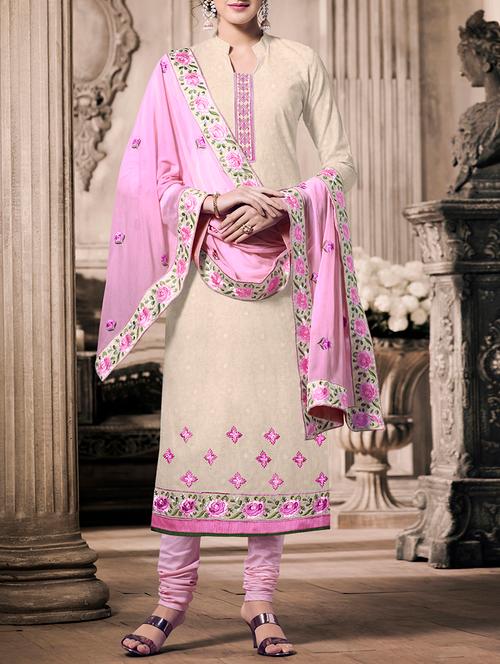 cream cotton embroidered dress material - 13932542 - Very Small Image - 1