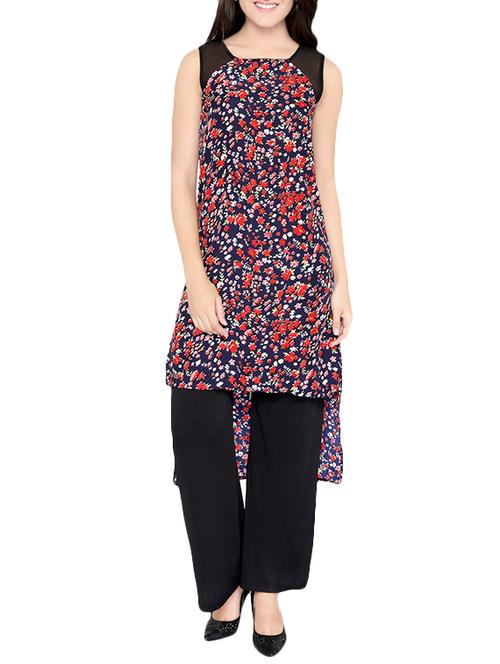 blue crepe printed high-low kurta - 13933807 - Very Small Image - 1