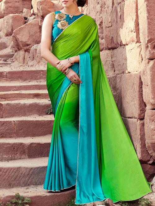 green and blue ombre satin saree - 13934181 - Very Small Image - 1