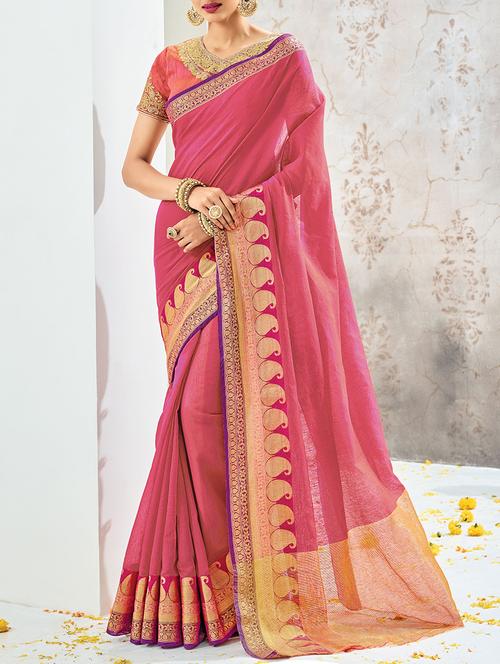 pink cotton blend bordered saree - 13934198 - Very Small Image - 1