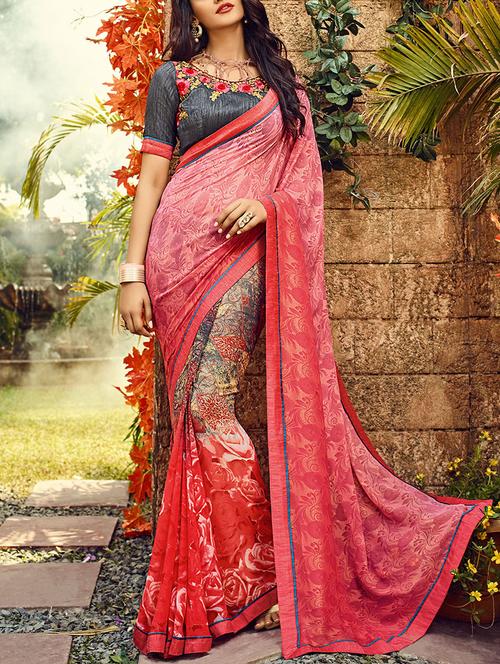 pink georgette printed half & half saree - 13934208 - Very Small Image - 1