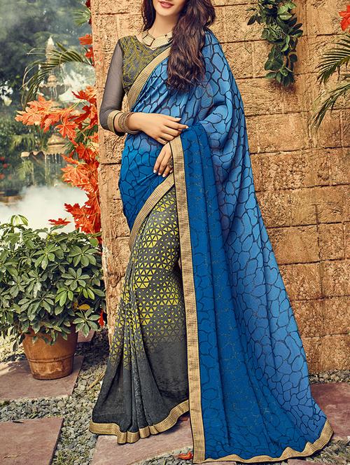 blue & grey georgette printed half & half saree - 13934218 - Very Small Image - 1