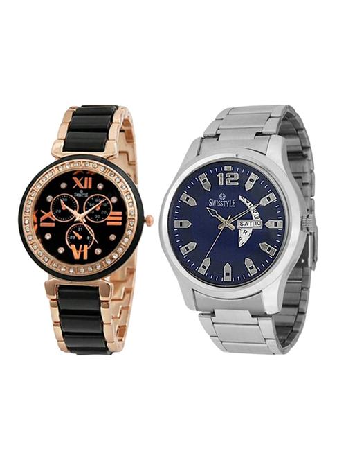 round dial analog couple  watch-(ss-1180blu-703-blk) - 13946951 - Very Small Image - 1