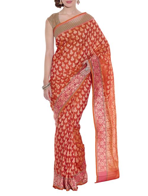 orange woven art silk saree with blouse - 13948225 - Very Small Image - 1