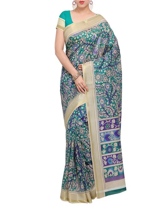 green art silk printed saree with blouse - 13950771 - Very Small Image - 1