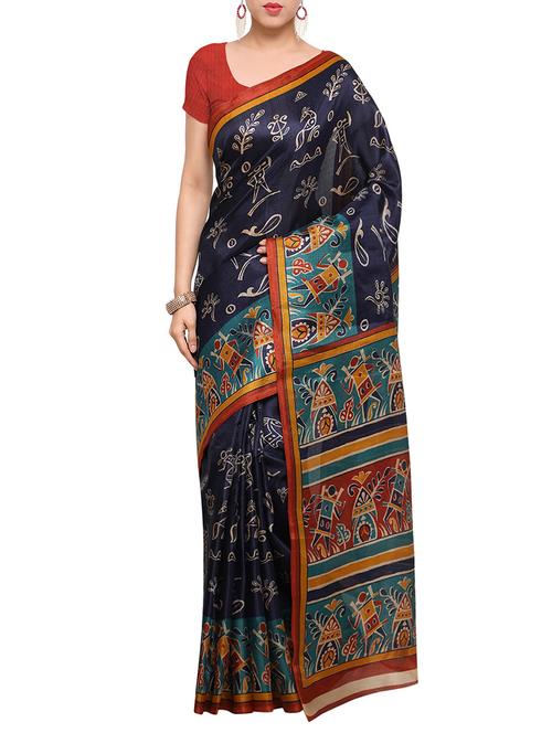 blue art silk printed saree with blouse - 13950800 - Very Small Image - 1