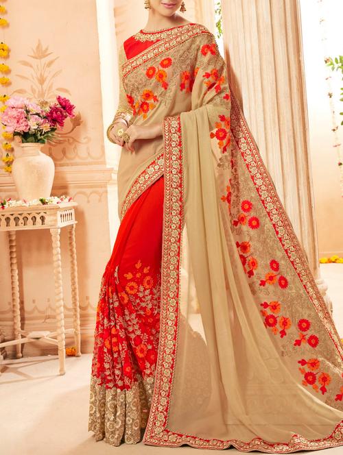 beige and orange half and half saree with blouse - 13953296 - Very Small Image - 1
