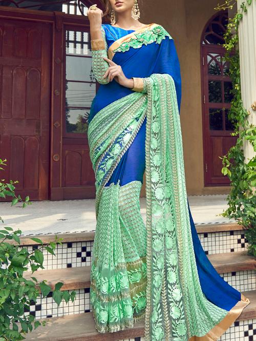 blue and green embroidered georgette saree with blouse - 13953306 - Very Small Image - 1