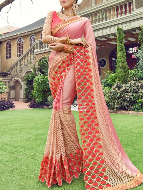pink embroidered chiffon saree with blouse - 13953307 - Very Small Image - 1