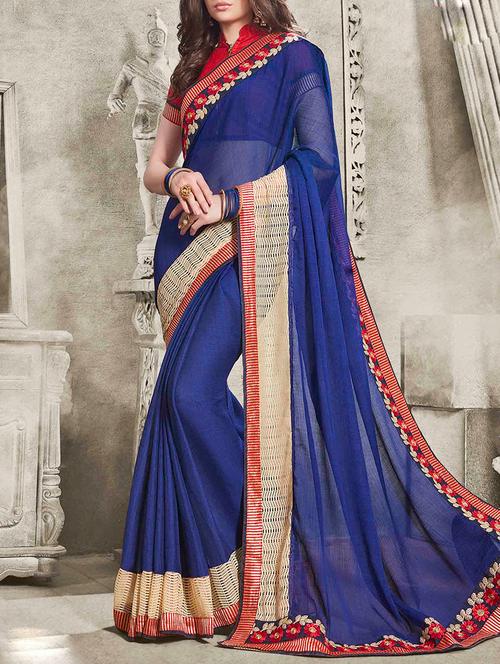 blue bordered chiffon saree with blouse - 13953311 - Very Small Image - 1