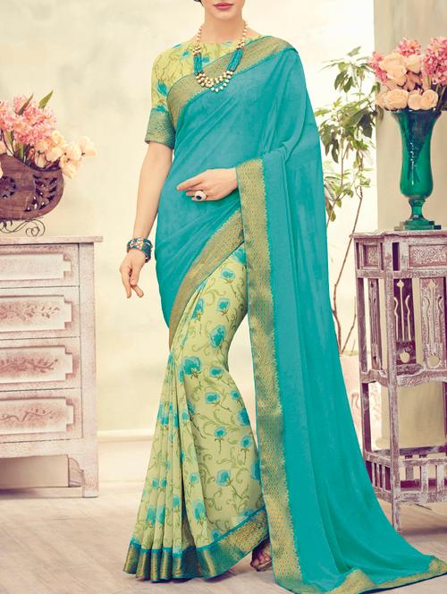 blue and green half and half saree with blouse - 13953358 - Very Small Image - 1