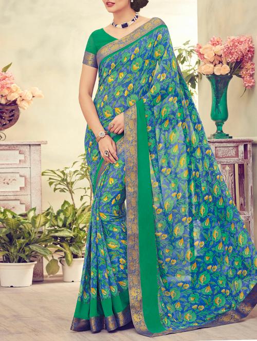 blue printed georgette saree with blouse - 13953370 - Very Small Image - 1