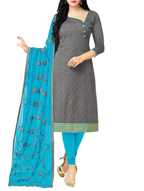 Grey cotton embroidered unstitched suit - 13957430 - Very Small Image - 1