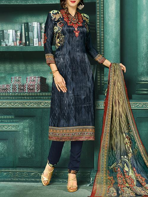 blue color printed unstitched churidaar suit - 13957537 - Very Small Image - 1