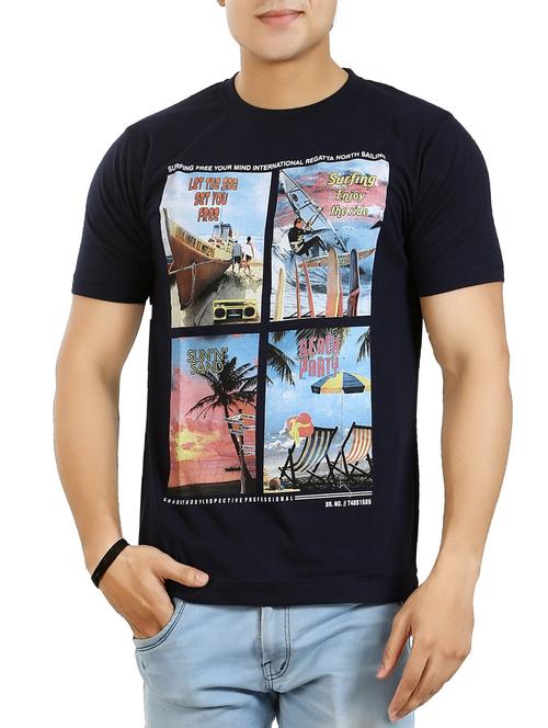 navy blue cotton front print t-shirt - 13959745 - Very Small Image - 1