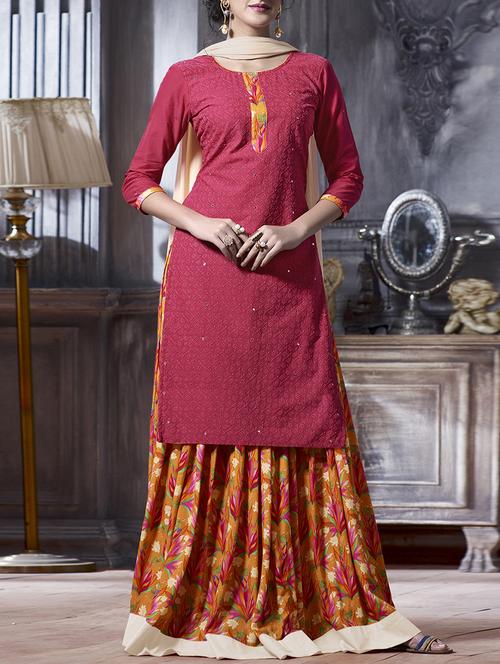 red cotton embroidered unstitched suit - 13965411 - Very Small Image - 1