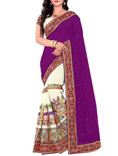 purple & white georgette embroidered half & half saree with blouse - 13970376 - Very Small Image - 1