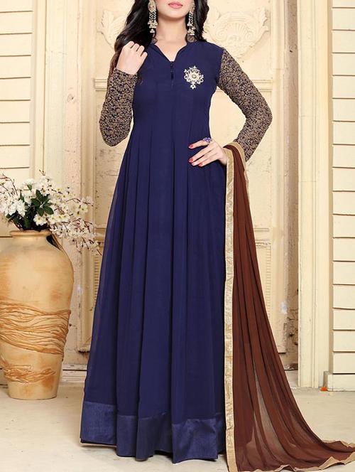 Blue georgette embroidered anarkali semi-stitched suit - 13971475 - Very Small Image - 1